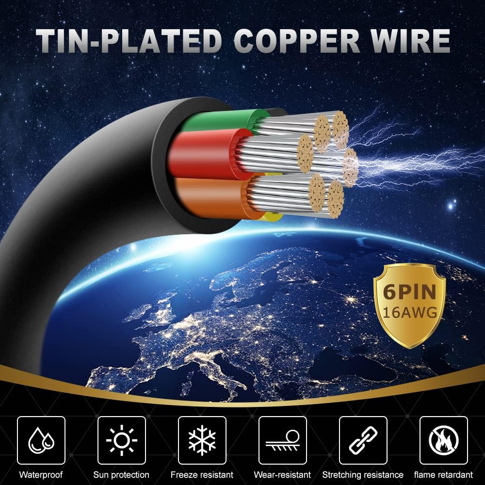 Cable eléctrico de calibre 16 y 6 conductores, cable de extensión 16/6 cables de cobre estañado trenzado de PVC negro de 50 pies, cable de extensión de cable 16/6