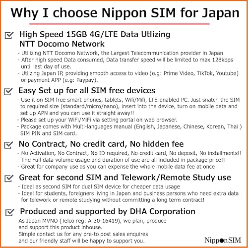 Miniatura 5 de Nippon SIM para Japón 180 días 15GB 4G LTE de datos (sin voztexto) Tarjeta SIM 3 en 1  docomo Network  Soporte local de Japón  Sin activación sin