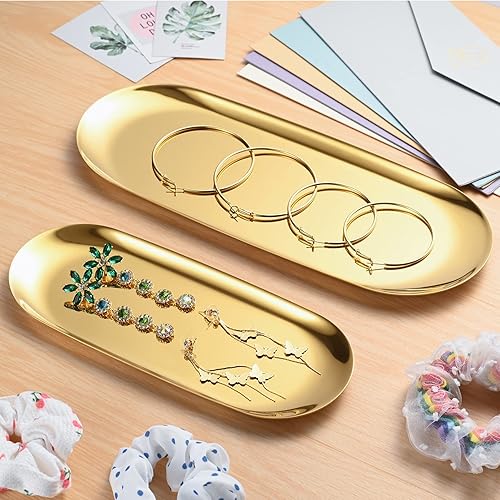 Miniatura 4 de Bandeja decorativa ovalada grande dorada, bandeja de tocador para lavabo de baño, plato de joyería de acero inoxidable 430#, bandejas de cosméticos