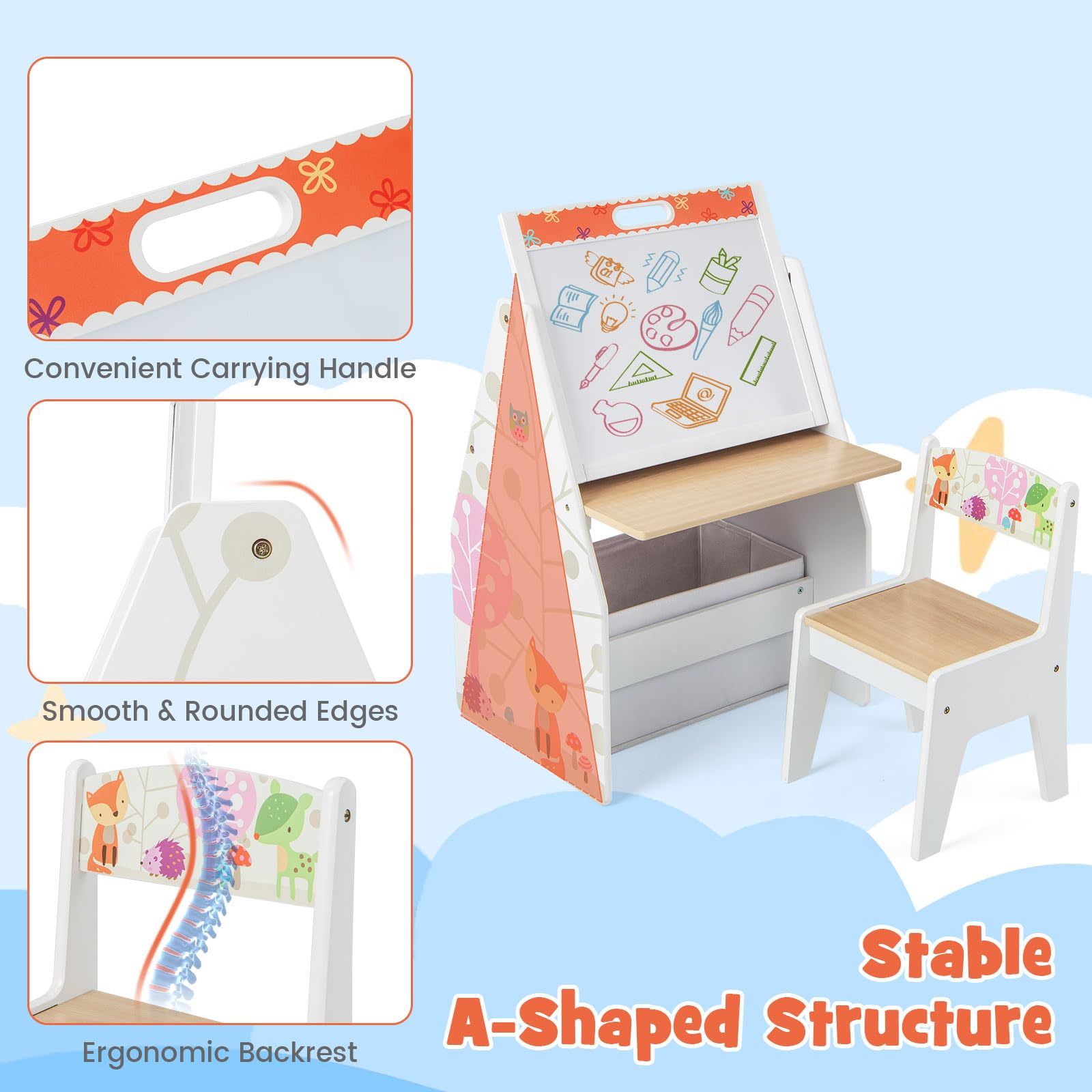 LIFEZEAL Tavolino Bambini con Sedie, Tavolino con Libreria, Lavagna Doppio Faccia e Contenitore Pieghevole per Giochi, Tavolo Multiattivita e Sedia per Cameretta, Tavolo per Bimbi 3-6 Anni (bianco)