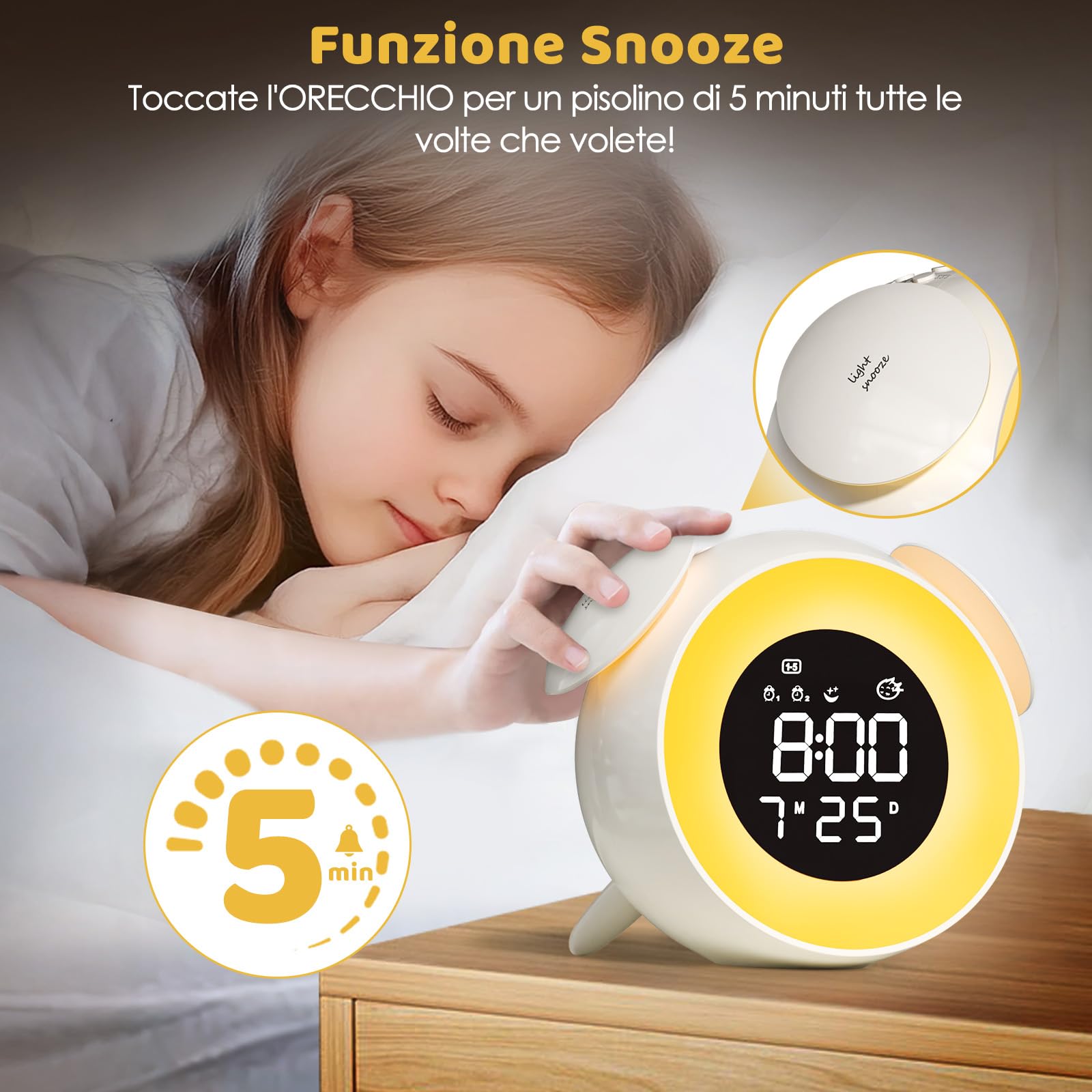 Sveglia Bambini, Sveglia Digitale da Comodino Ricaricabile con 15 Colori Luce Notturna, Simulazione Alba/Tramonto, 2 Allarme, Snooze, 7 Suonerie, Modalità Weekend, 12/24 Ore