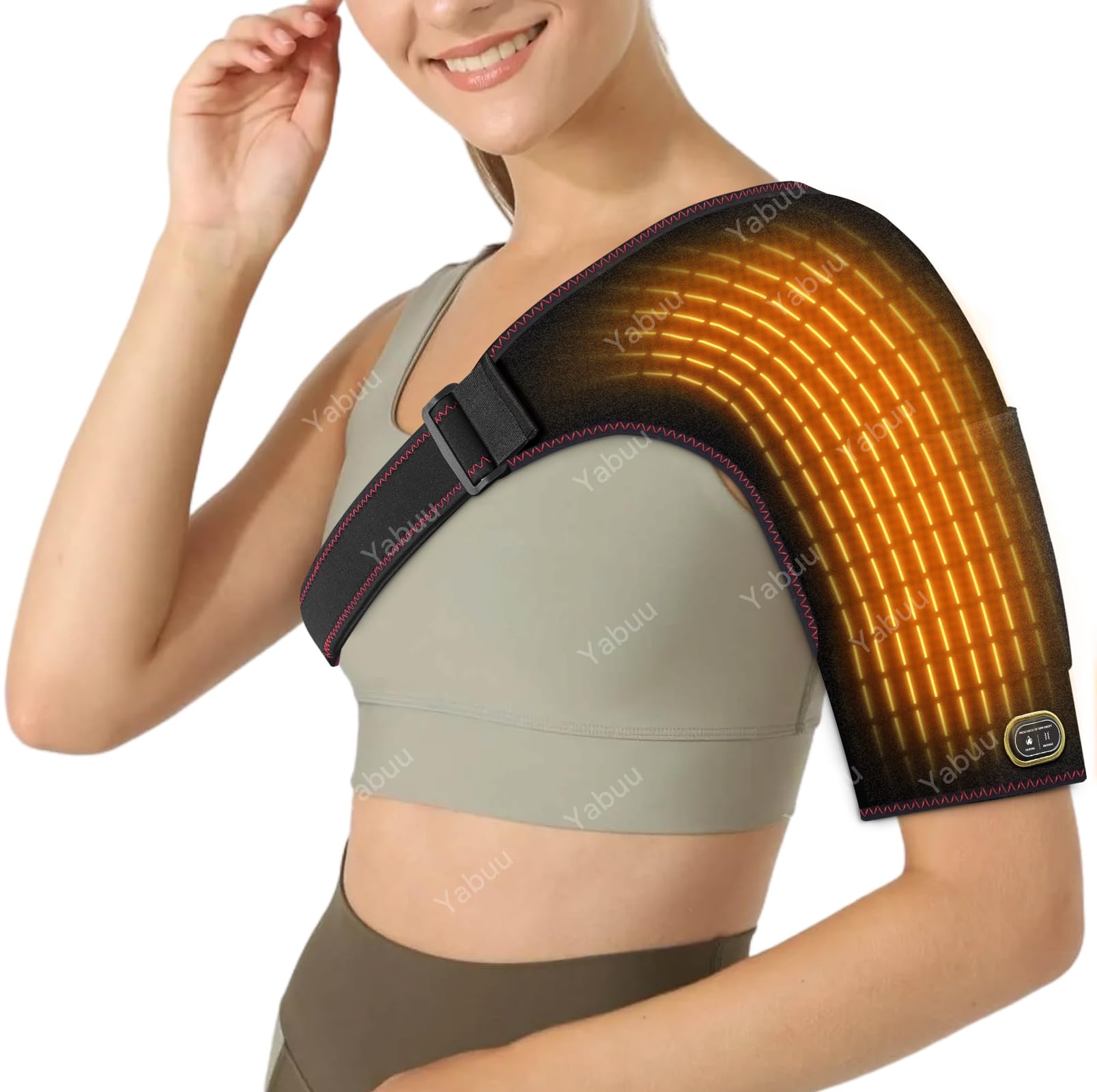Yabuu Almohadilla térmica para hombros con masajeador eléctrico, 3 configuraciones de vibración y calor, alivia dolor de hombros, azul