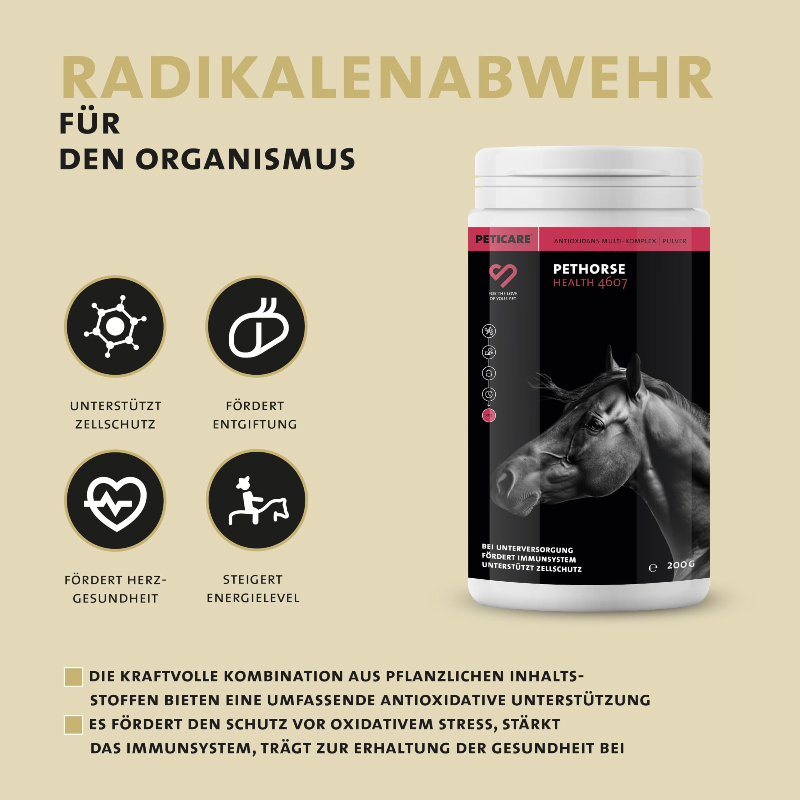Peticare Antioxidantien-Boost für Pferde | Unterstützung bei Zellschäden & Immunstärkung, Anstrengung | Mit natürlichen Inhaltsstoffen | bei oxidativem Stress | petHorse Health 4607