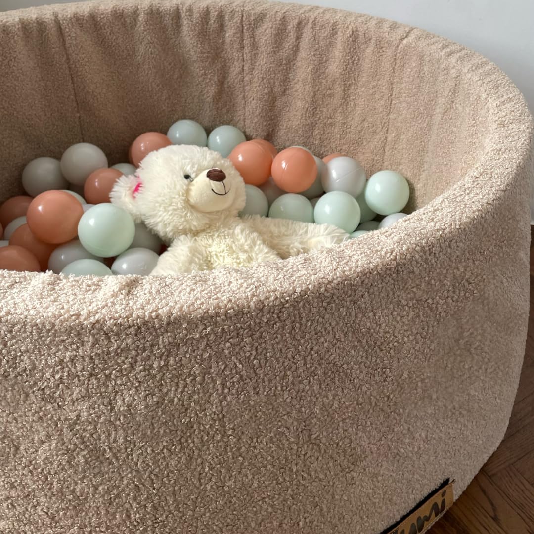 Flumi Personalisierte Bällebad Baby ab 1 Jahr - Bällepool Kinder 90x40cm mit 200 Bällebad Bälle ∅ 7cm in EU hergestellt - Oeko-TEX und CE-Zertifiziert - (Dunkelbeige Teddy)