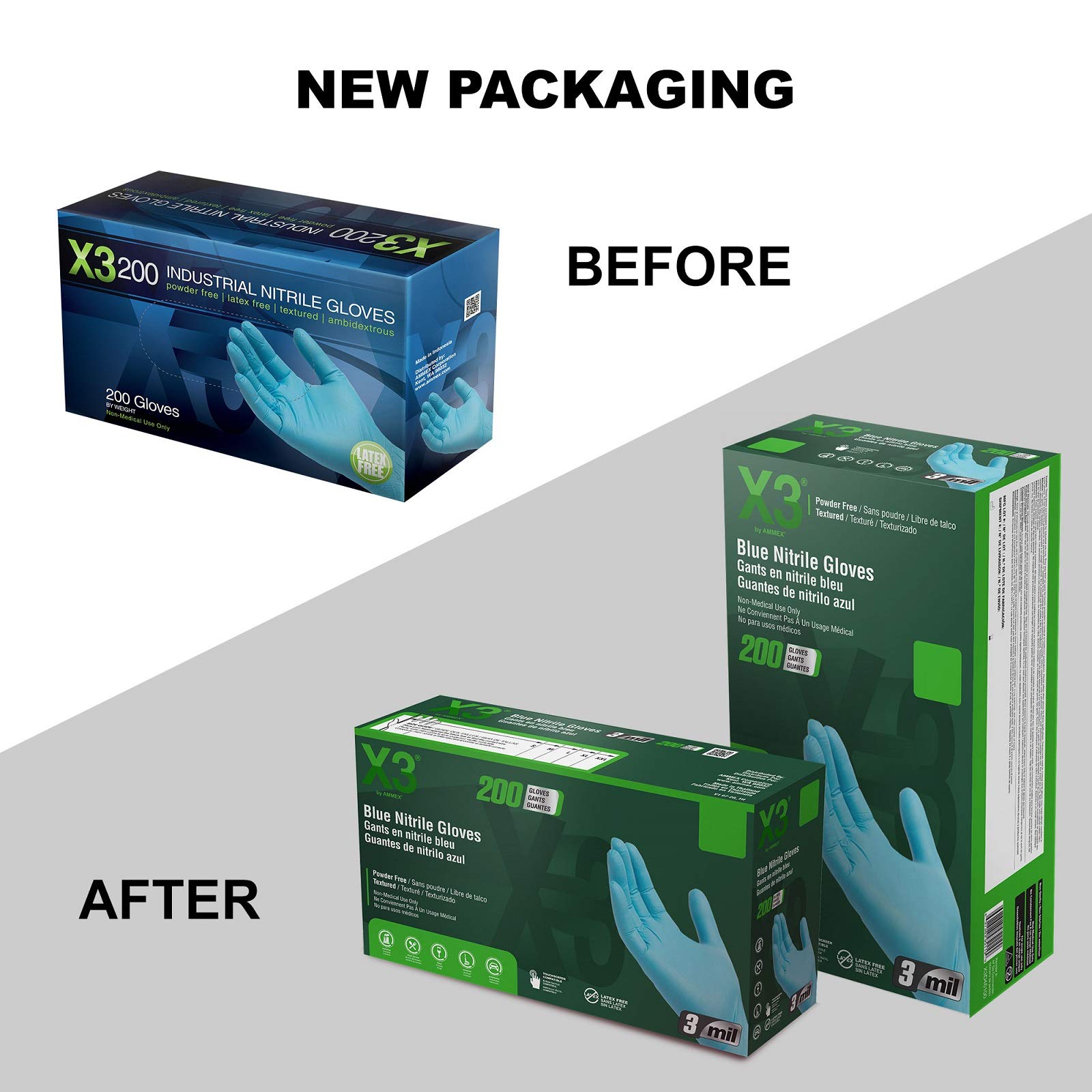 X3 Industrial Blue Nitrile Gloves, Box of 200, 3 Mil, Size XLarge