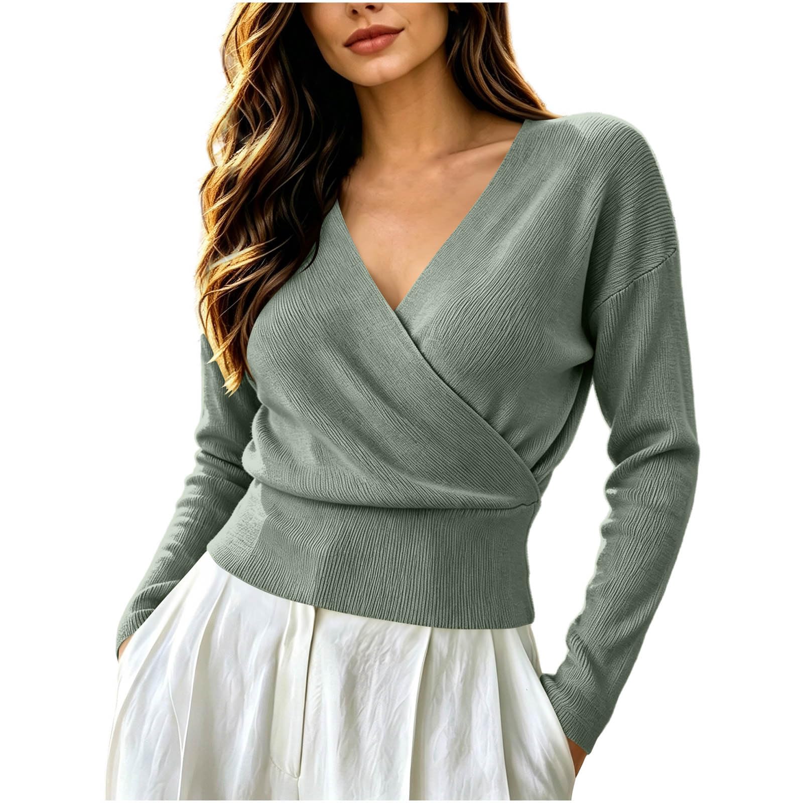 Womens Wrap Sweater Long Sleeve V Neck Slim Knit Tops Fall Winter