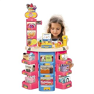 Mercadinho Infantil Mini Mercado de Sobremesas Faz de Conta com Mesinha 62 Peças (Rosa)