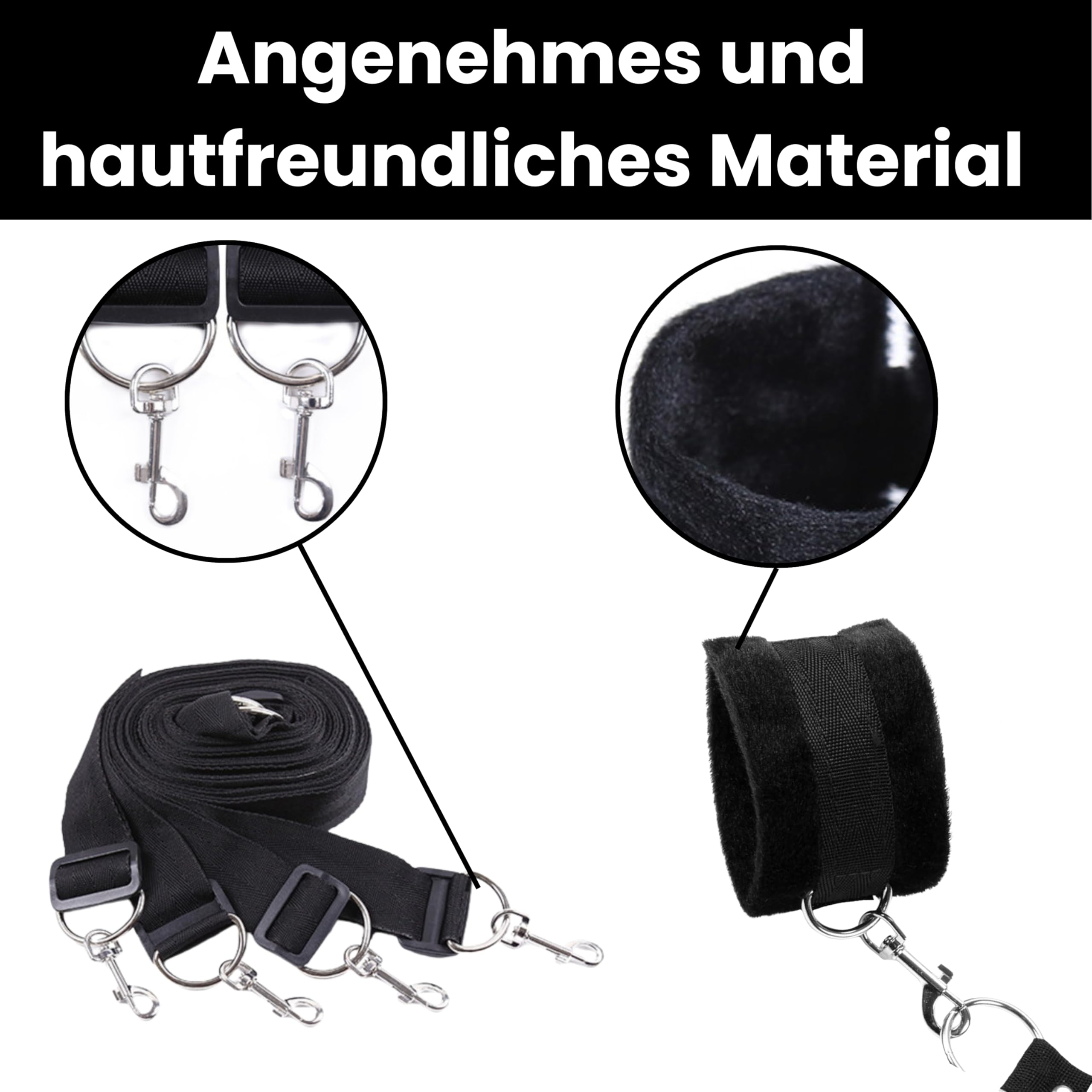 Ensemble FOPS Bondage pour lit Système d'attache réglable pour matelas jusqu'à 200x220cm incluant fouet en cuir de 70cm menottes entraves pour pieds bandeau en cuir & masque en satin Ensemble BDSM