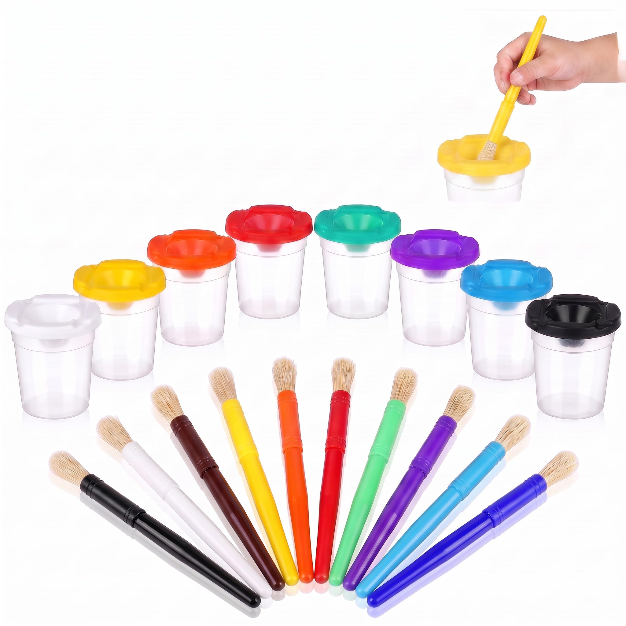Proof Paint Cups, 18 Pcs Reusable Paint Pots with Lids Clear Spill Proof Paints Clear Painting Tools 10 matching colour paintbrushes for Painting School Classrooms Arts Crafts Supplies