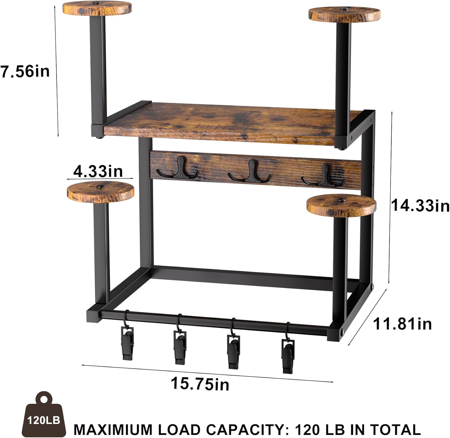 Motorcycle Helmet Hanger Wall Mount, Tiered Wooden Organizer with Metal Frame, 4 Helmet Holders, 5 Glove Clips & 3 Hooks for Accessories Storage