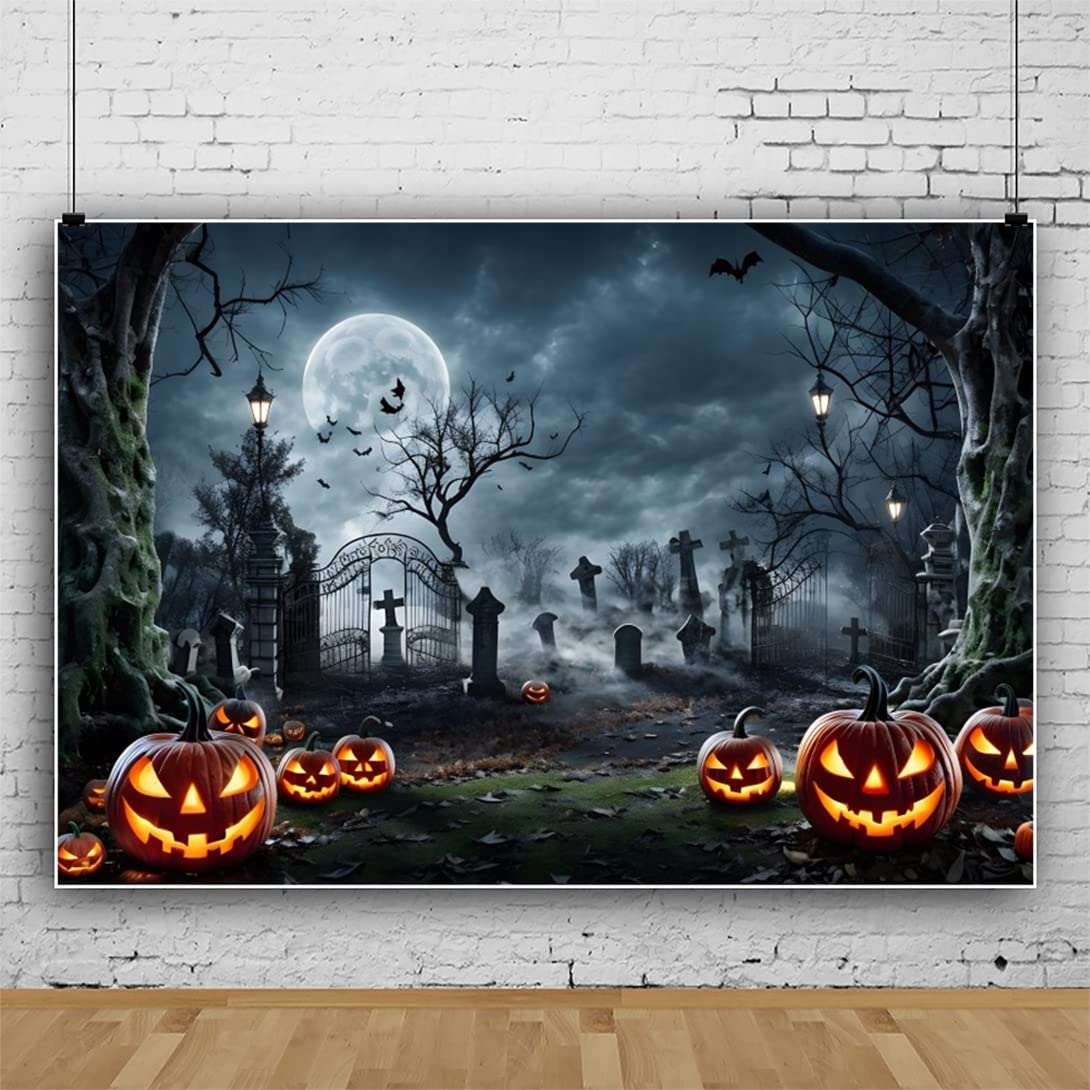 Toile De Fond Photo Halloween 2,1 X 1,5 M - Motif Lune, Zombies, Citrouille, Château Hanté - Tissu Vinyle Non Réfléchissant
