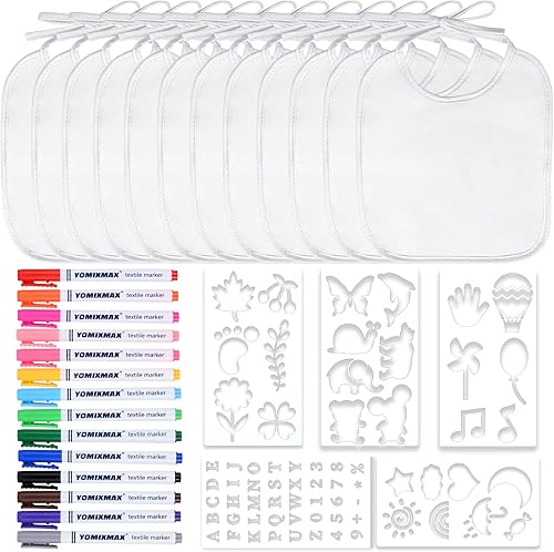 GOLDGE Deslumbra en Baby Showers con un kit de decoración de baberos de bricolaje de 44 piezas. 24 baberos, 6 plantillas, 14 marcadores (24 baberos)