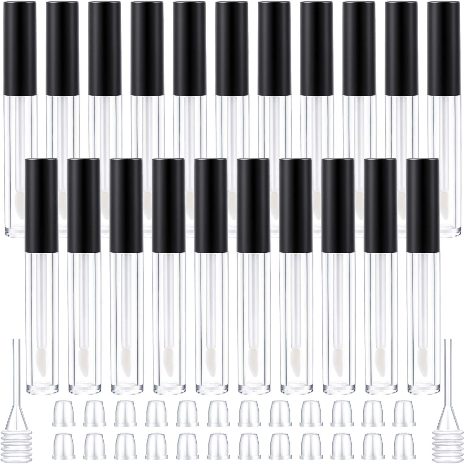 25 Pack Empty Lip Gloss Tubes Containers, Clear Mini Refillable Lip Balm Bottles with Rubber Inserts and Transfer Pipettes for Lip Samples Travel Split Charging DIY Makeup (3 ML, Black)