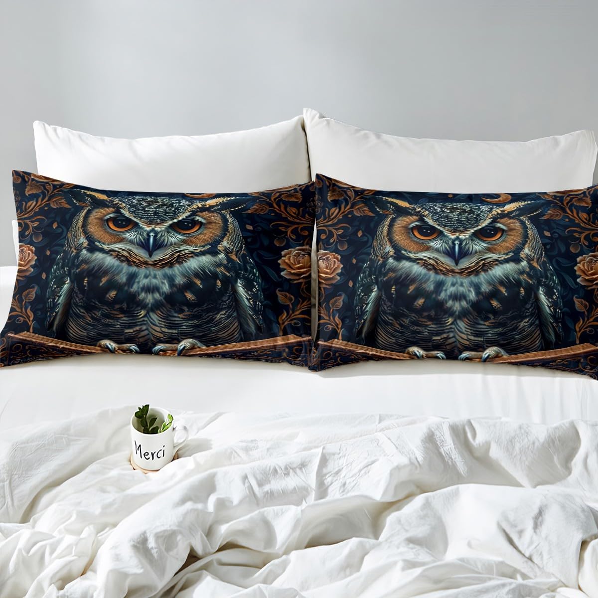 Castle Fairy Retro Owl Duvet Cover Set Toddler Size,Boho Mystic Animal Owl Print Reversible Quilt Cover for Kids Boys Girls Rustic Golden Floral Moon Bedding Set with 1 Pillowcase,No Comforter