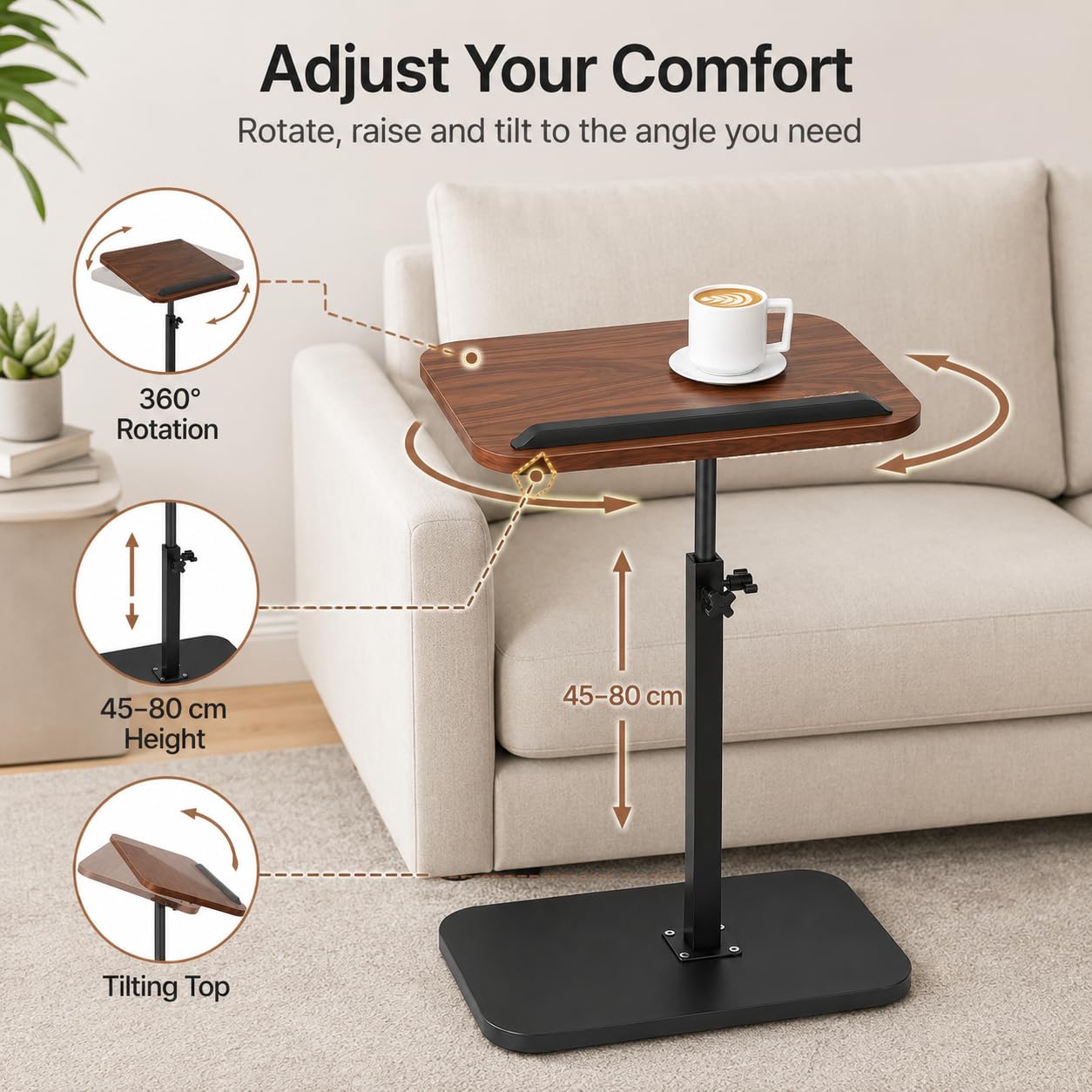 Tavolini a Forma Di C, Tavolino Salotto Moderno Regolabile in Altezza, Girevole a 360° Comodino, Con Slot per Telefono e Tablet per Divano, Letto, Soggiorno (Noce)