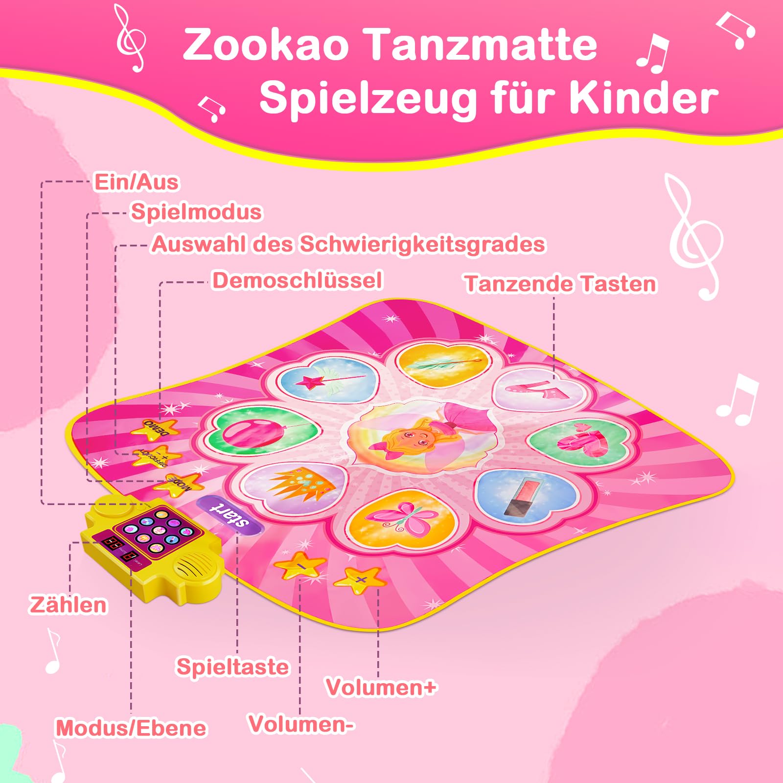Zookao Tanzmatte Kinder Spielzeug ab 2 3 4 5 6 7 8 Jahre Mädchen Junge, Geschenk Musikinstrumente für Kinder ab 2-8 Jahr Keyboard Klaviermatte für Kinder 2-8 Jahr Kinderspielzeug Musikmatte Tanzmatte
