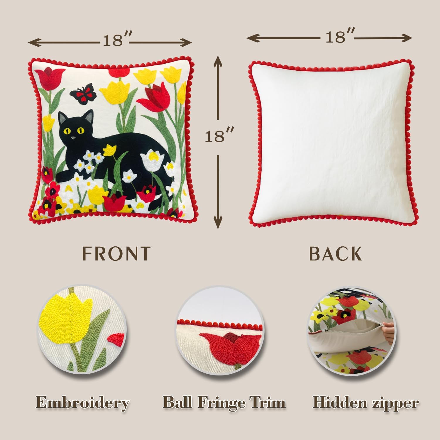 Embroidered Decorative Throw Pillow Covers 18"x 18" Set of 2 ，Couch Square Pillowcases with Zipper for Living Room Couch Sofa Bed Flower Cats Linen Cotton Halloween Throw Pillow Covers - Image 2