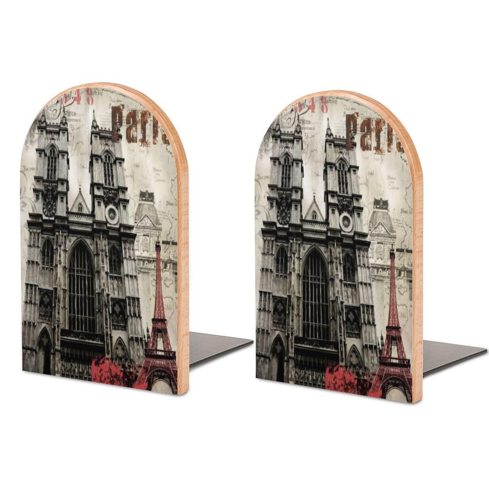 Paris Eiffel Tower Oil Painting Style Beech Wood Bookends Heavy Duty Book Organizers Desktop File Holder for Office Home Bookshelf