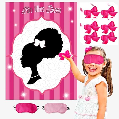 Decoraciones de fiesta rosas para niñas, decoraciones de cumpleaños de niñas negras, juegos de fiesta, pin el lazo en la cabeza de las niñas, juego