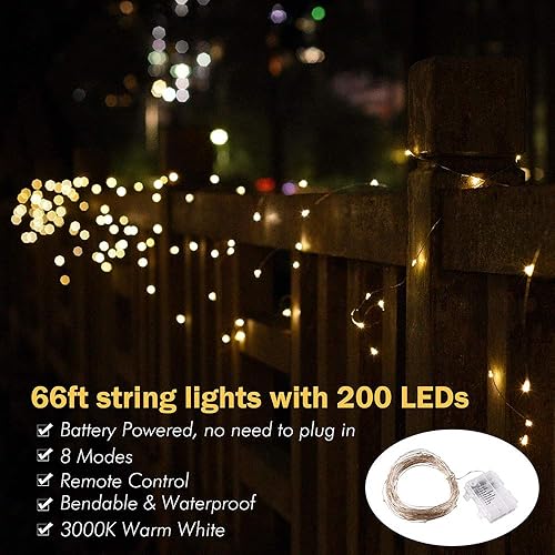 Miniatura 6 de Yescom Paquete de 2 tiras de luces LED de 66 pies, color blanco cálido, 8 modos, control remoto de Navidad para fiesta, boda, dormitorio