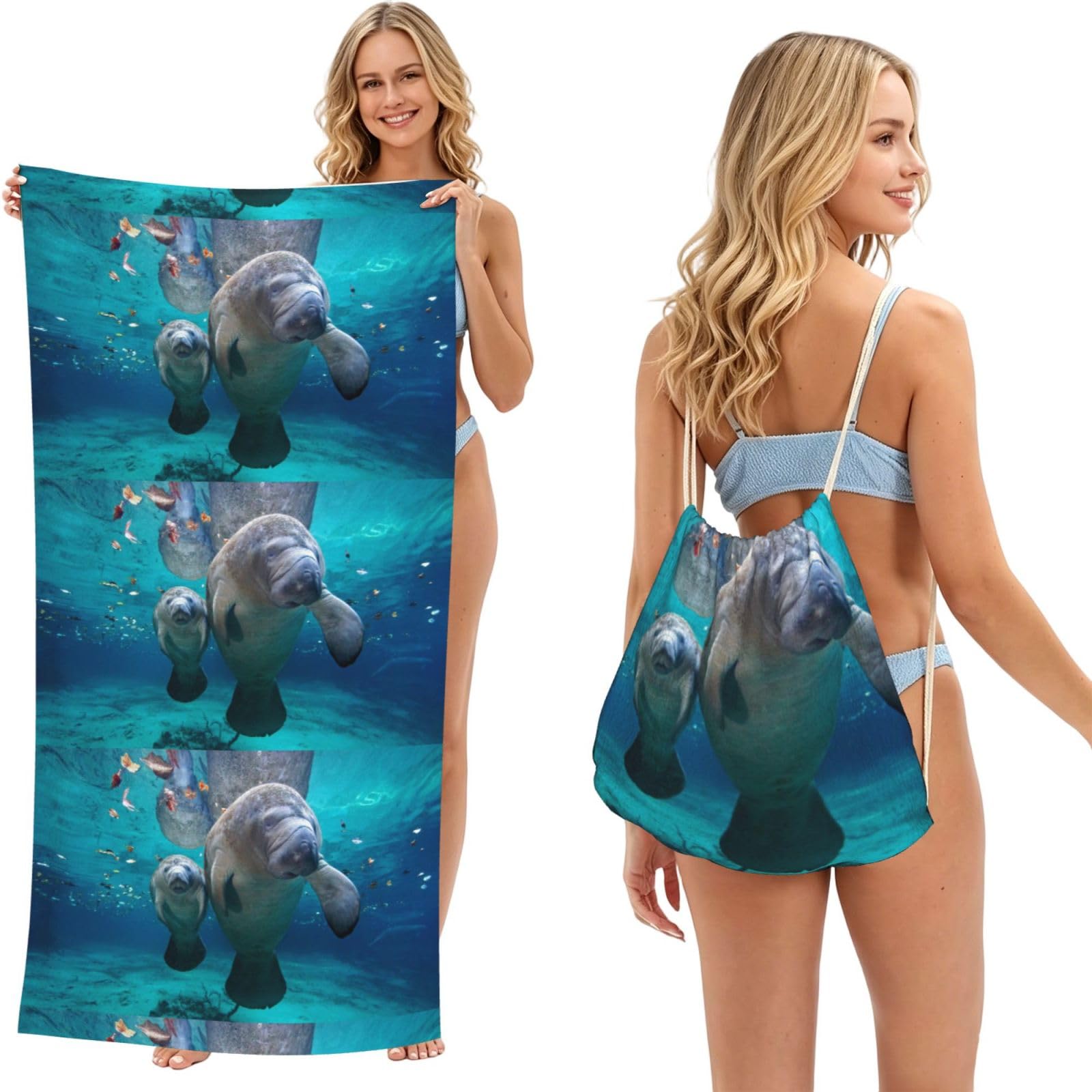 Poadnly As Picture Sea Manatee, 2 In 1 Packable Towel Bag, Beach Towels With Drawstring Backpack For Travel Holiday Camping