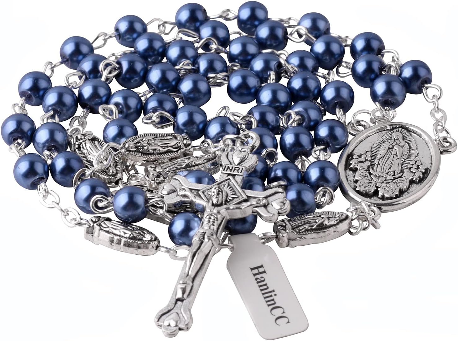 HanlinCC 6mm Glass Pearl Beads Catholic Our Lady of Guadalupe Rosary Necklace for Women and Men with Virgin Mary Center Piece and Crucifix with Metal Gift Box - Image 2