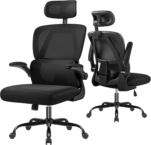 Silla de oficina ergonómica, asiento de malla transpirable, respaldo alto con soporte lumbar ajustable, reposacabezas y brazos abatibles, negro