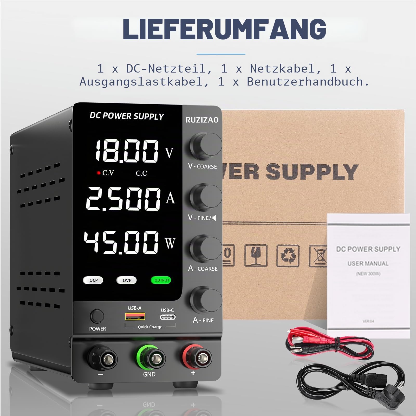 Labornetzteil 120V 3A, Einstellbares Labornetzgerät mit OCP/OVP, Ausgangsschalter und Encoderregelung, DC-Schaltnetzteil 18W USB-A/Typ-C Schnellladeschnittstelle/Prüfung/Wartung/Galvanik