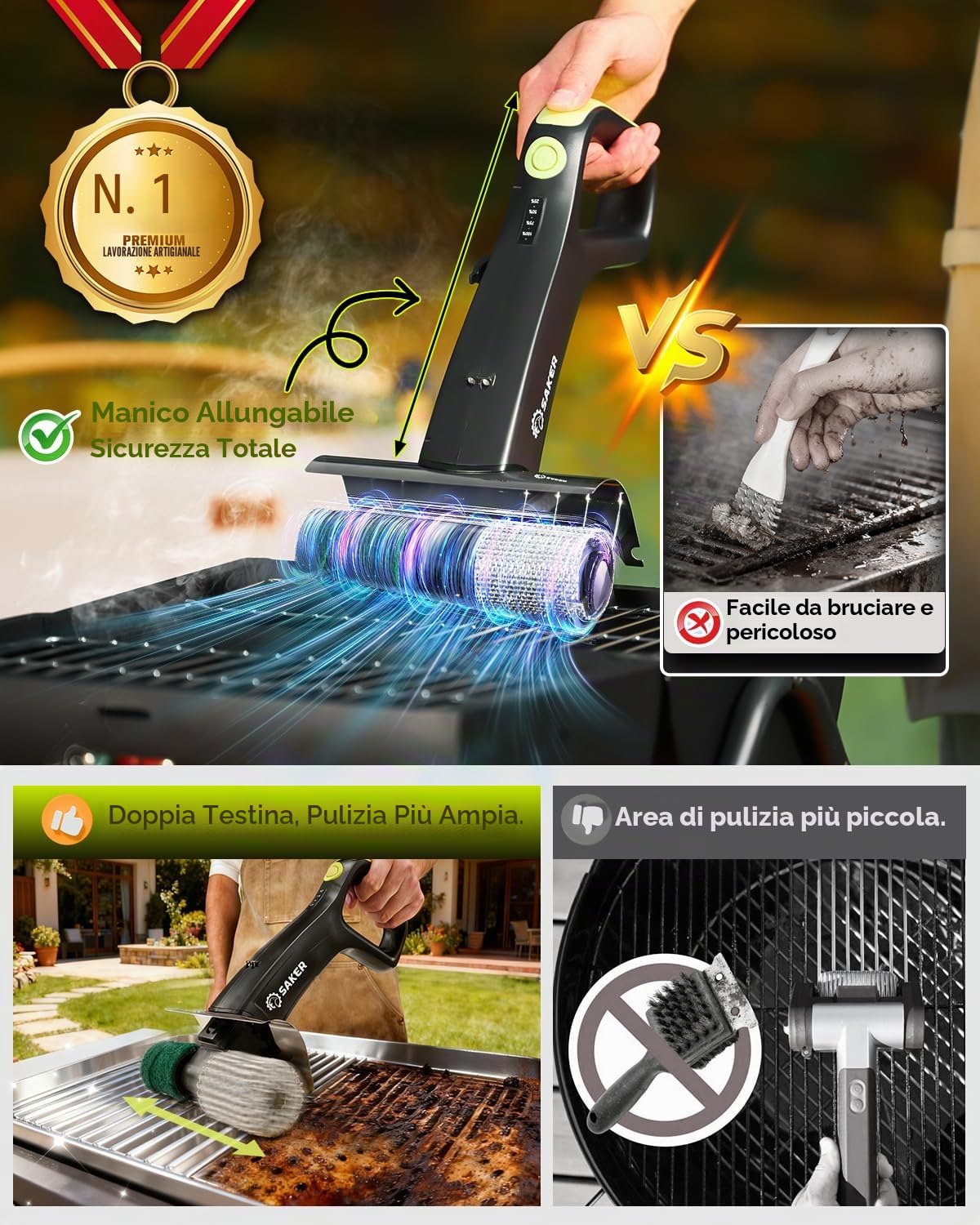 Saker Spazzola Elettrica per Griglia per Griglia Esterna, Spazzola Automatica per la Pulizia della Griglia Senza Setole con 450 RPM e Luce LED, Set di Spazzole Grill Rescue BBQ con 3 Testine