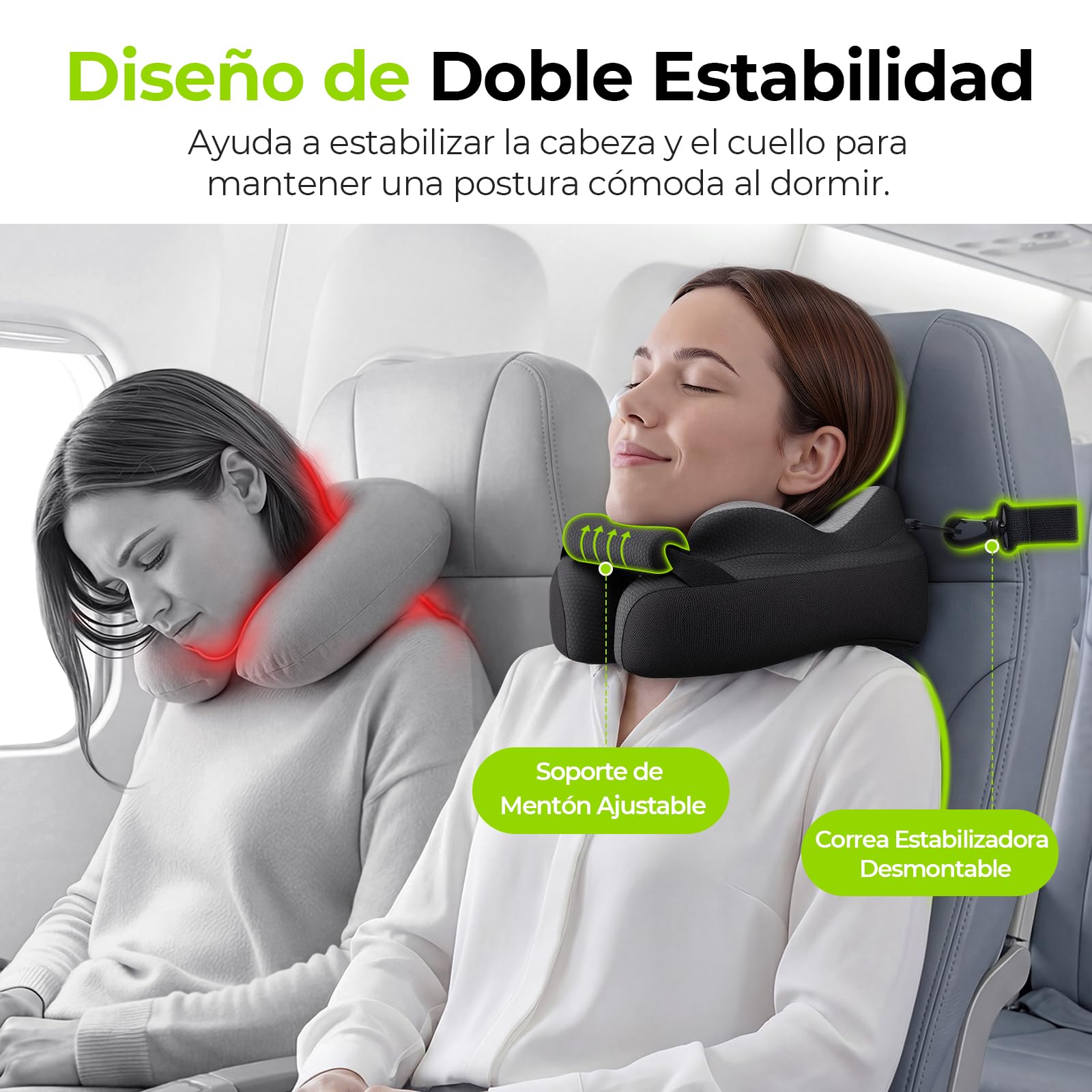 AUVON Almohada de Viaje Cuello con Soporte de Barbilla y Correas para Asiento de Avión, Estabiliza la Cabeza para Dormir Cómodamente, Cojín Cuello Viaje de Espuma Viscoelástica Transpirable