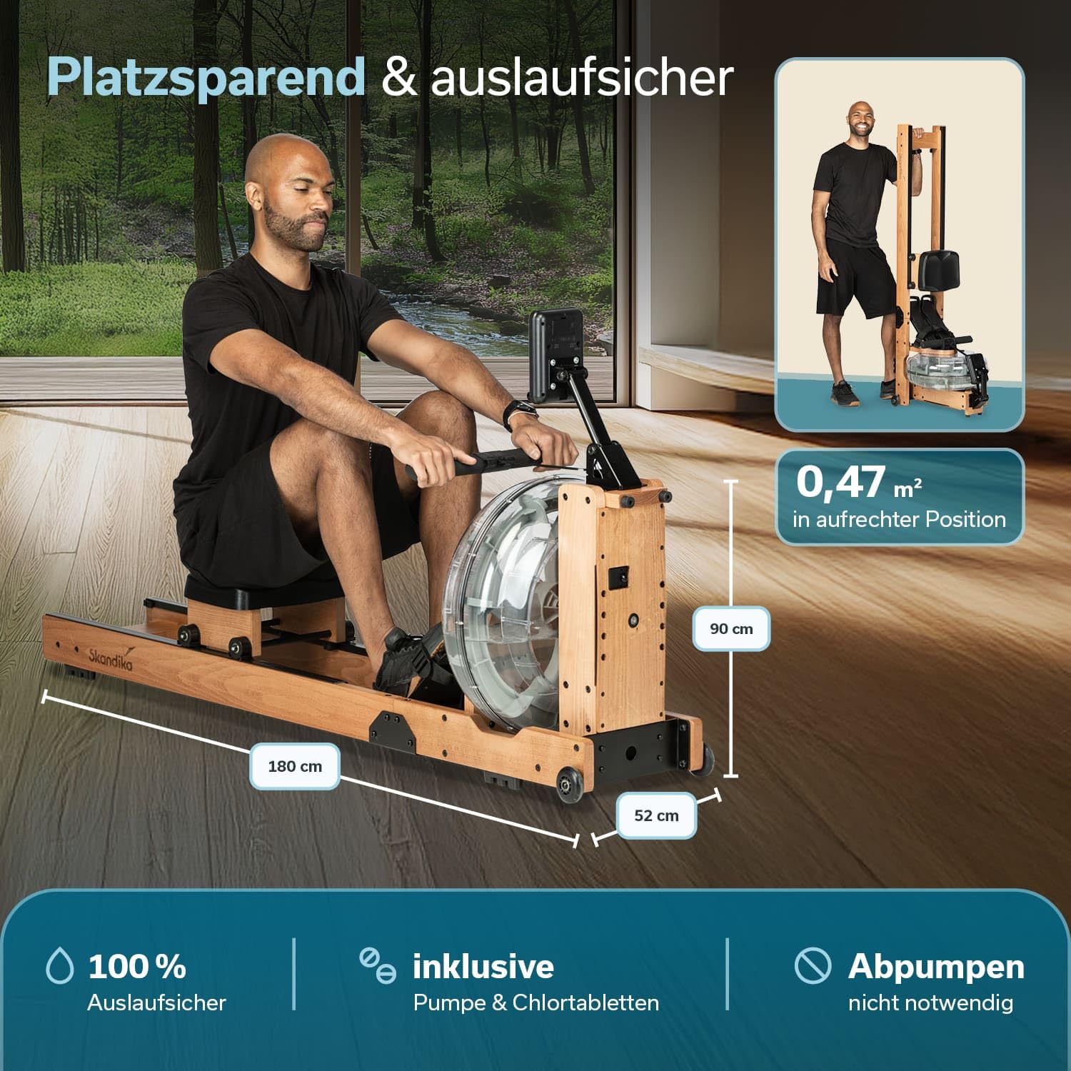 Skandika Rudergerät Wasser aus Holz Lykke | Wasser Rudergerät für Zuhause, 45% mehr Widerstand mit 90° Tank, aus massiver europäischer Buche, Kinomap App kompatibel, Wasserrudergerät platzsparend