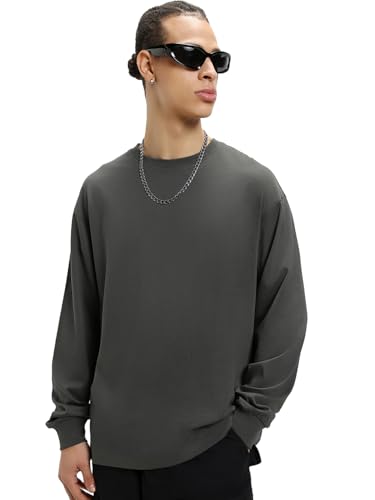 Image of Bewakoof Men's Solid Oversized Fit Full Sleeve Round Neck Cotton T-Shirt