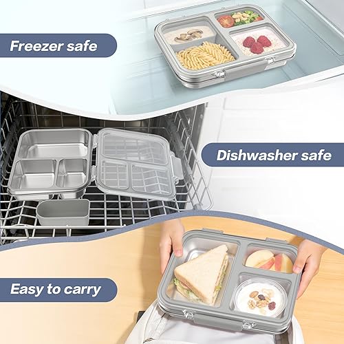 Miniatura 3 de Lonchera Bento de acero inoxidable para niños y adultos, lonchera metálica de 3 compartimentos con tapa transparente y silicona extraíble, lonchera