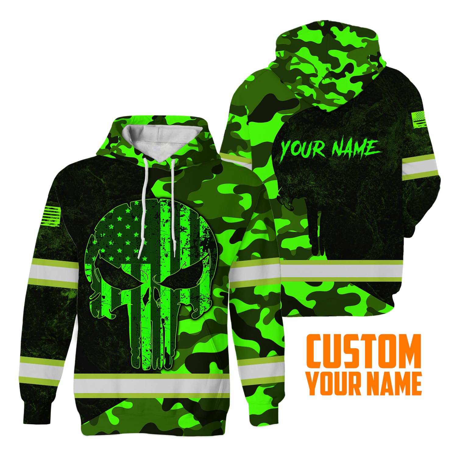 Maddly Hi Vis Hoodie Reflective Skull US Flag Green Camo Neon Custom Name Safety Workwear for Workers, Runners, Cyclists, Truckers, Operator, Skull Lover-L