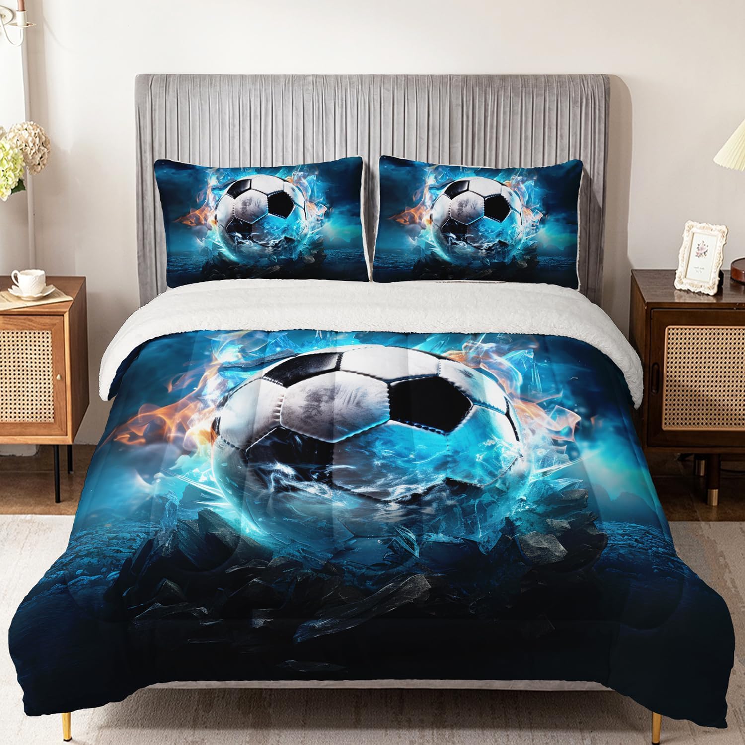 Soft and Plush Reversible Micromink and Sherpa Comforter with 2 Pillowcases,Boys Soccer Bedding Twin Size Comforter Set,Sport Themed Fuzzy Comforter for Kids Room Decor.
