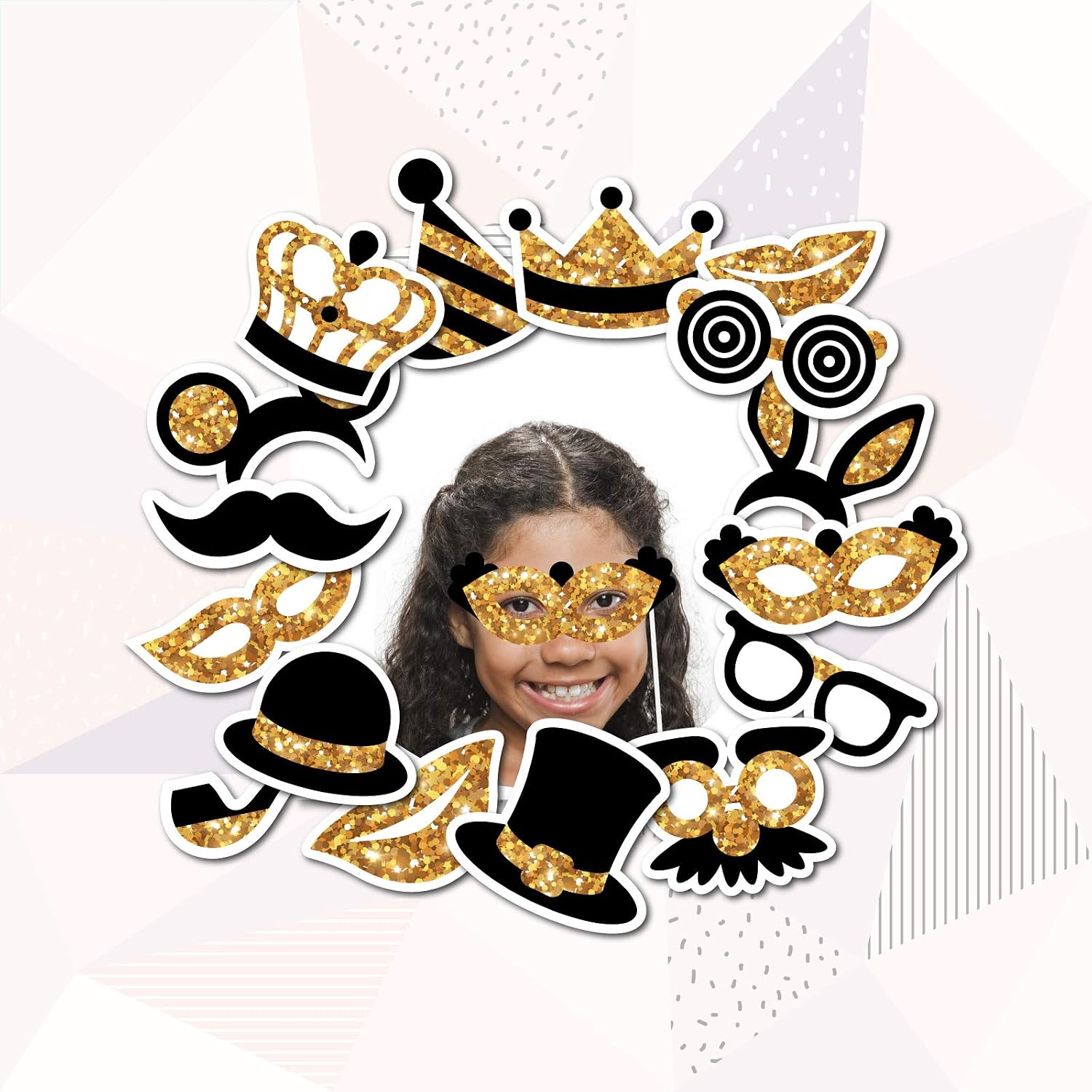 Gold Photo Booth Props - Fully Assembled, No DIY Required - Mix of Hats, Lips, Mustaches, Crowns and More (16 pcs) - Durable and Vibrant - Perfect for Birthday Parties, Weddings and More