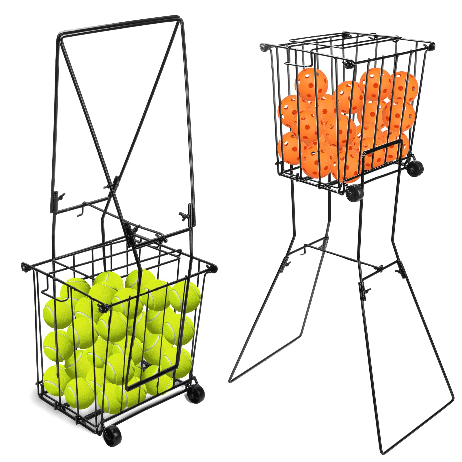 Portable Pickleball Tennis Ball Collector with Wheel, 90 Tennis Balls Capacity, Pickleball Retriever Basket Carrier Gatherer Picker Hopper Container for Picking and Storage Training Tool for Ball