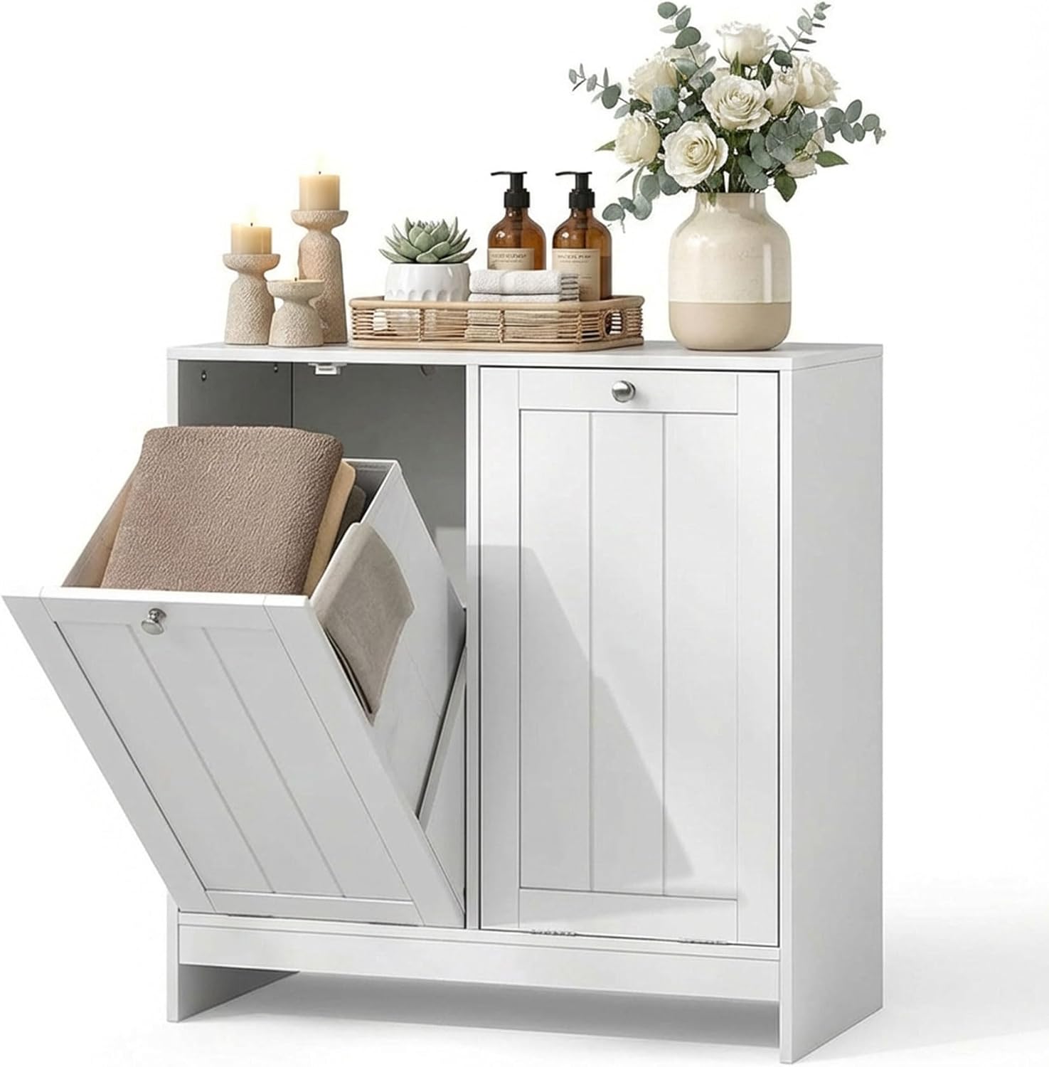 Tilt-Out Double Laundry Hamper Cabinet with 2 Removable Baskets,11.8 Gallon Laundry Cabinet for Small Bathroom, Apartment Laundry Room, Hidden Laundry Basket Cabinet White