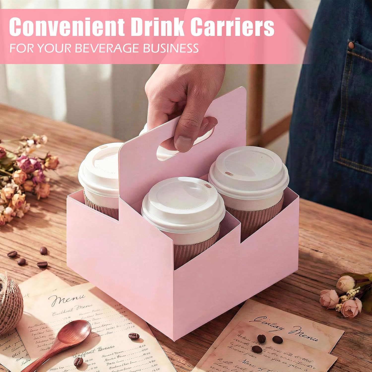 Jetec 50 Pcs 4 Cup Pink Drink Carrier with Handle, Kraft Paperboard Disposable Cup Holder, Food Delivery Accessories for Mother's Day Hot/cold Drinks, to Go Coffee Drink Holder for Flower Gifts