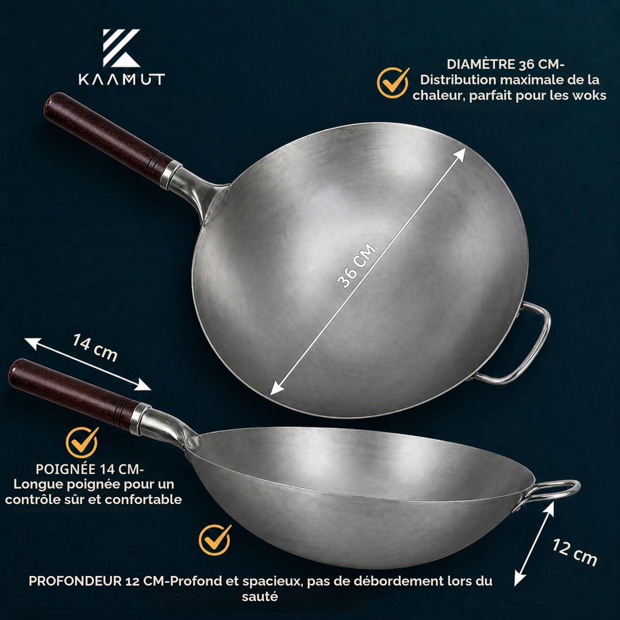Wok Professionnel 36 cm – Acier Carbone Bleu Martelé à la Main – Fond Rond – Préculotté – Qualité Professionnelle – Manche en Bois & Acier – Brosse en Bambou Incluse