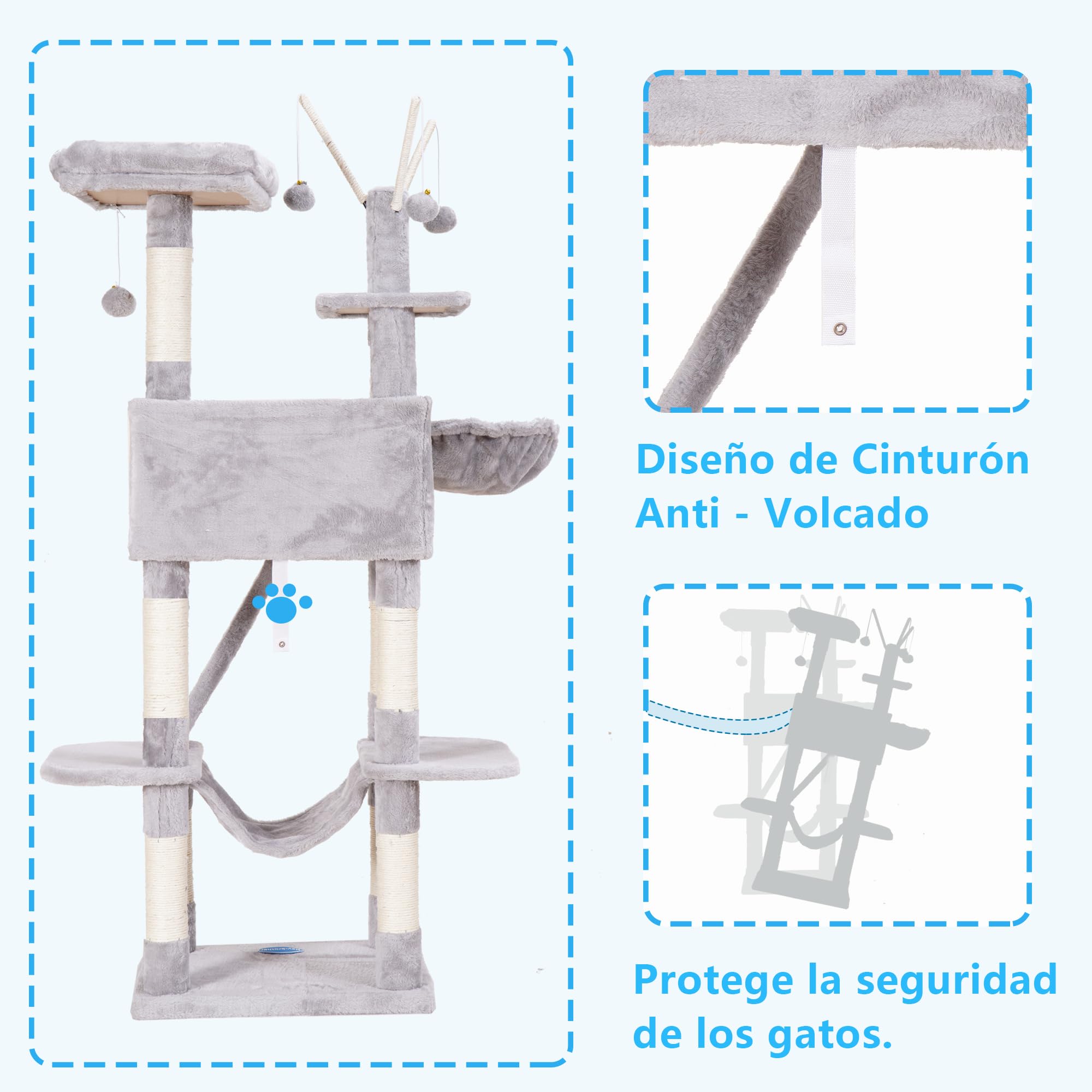 Hey-brother Albero per gatti, 154 cm, torre per gatti da interno, con piattaforma imbottita, palline giocattolo, grande condominio accogliente, amache e tiragraffi in sisal, grigio chiaro EMPJ019W
