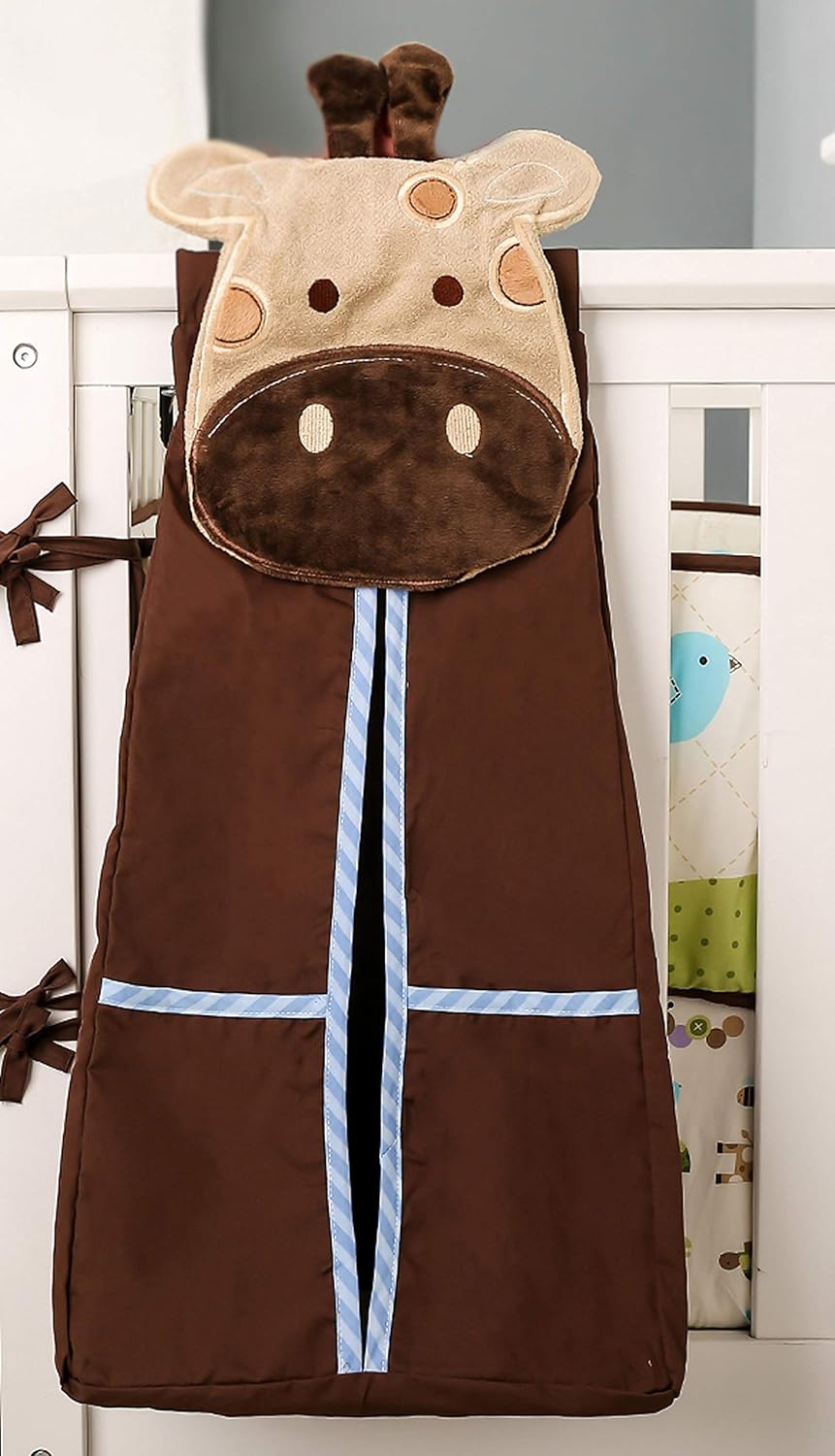 4 PCs Brown Giraffe Crocodile Turtle Caterpillar Nursery Crib Bedding Set Brown Green Wild Animal Theme Baby Boy Cot Bedding Set Quilt, Fitted Sheet, Skirt, Diaper Storage Bag