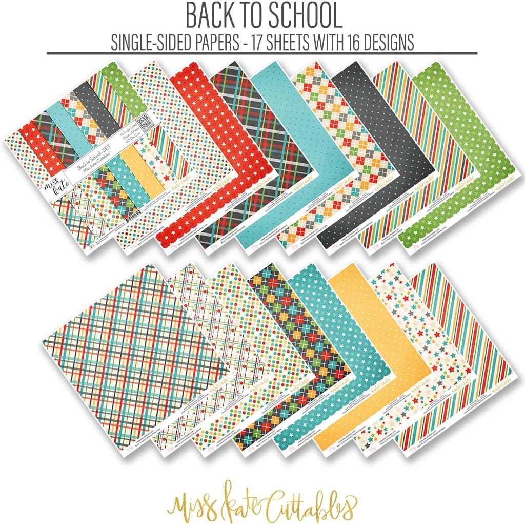 Die Cuts & Paper Set – Back to School – for Grade Preschool Kindergarten- 16 Single-Sided 12"x12" Sheets & Over 60 Coordinating Die Cuts - Scrapbook - by Miss Kate Cuttables