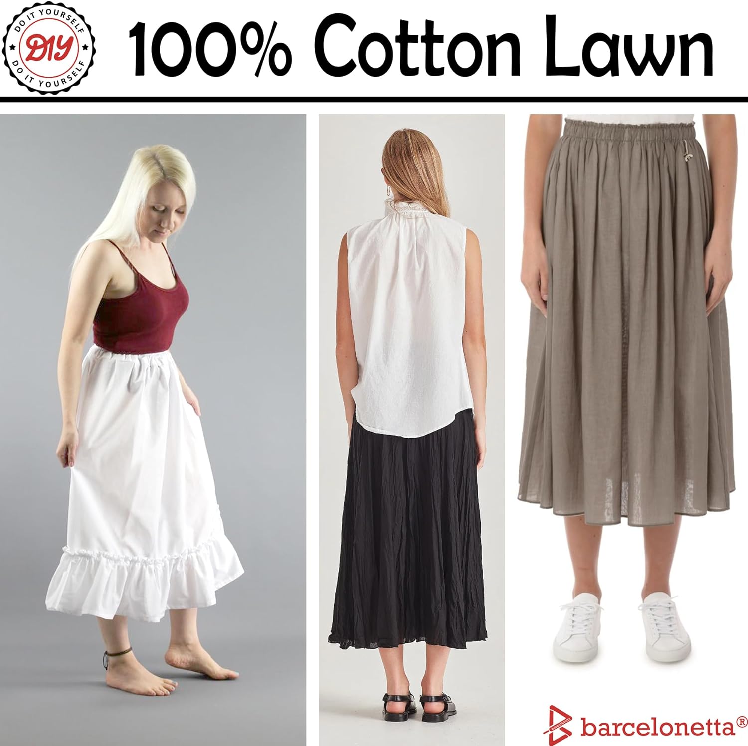 Barcelonetta | Cotton Lawn Fabric | Lining Fabric | 100% Cotton | Thin | 58" Wide | Sewing, Air Feel Layer | Cloth, Solid (White, 5 Yard)