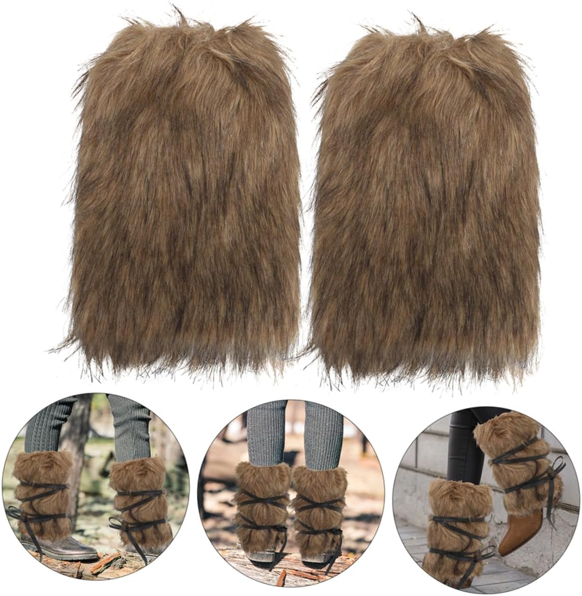 Viking Faux Fur Leg Wraps for Cosplay Brown Furry Boot Covers for Men and Women Winter Costume Accessories with Straps
