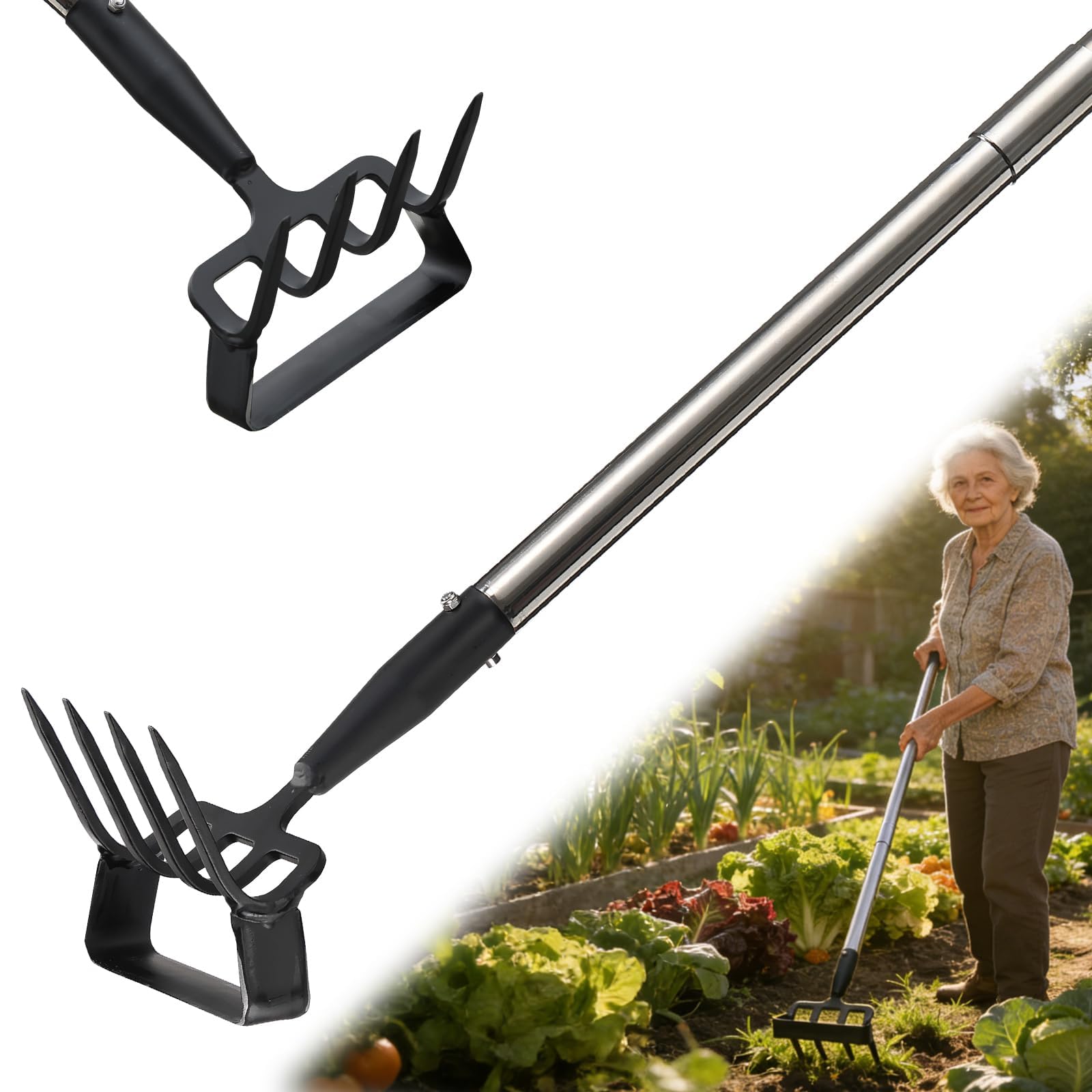 Garden Hoe,2 in 1 Heavy Duty Stirrup Hoe and Cultivator Gardening Tool with 60” Adjustable Long Handle,Lightweight Weeding Rake for Fast Weeds Grass Removal,Cultivating,Loosen Soil, Sharp Blade — image 1