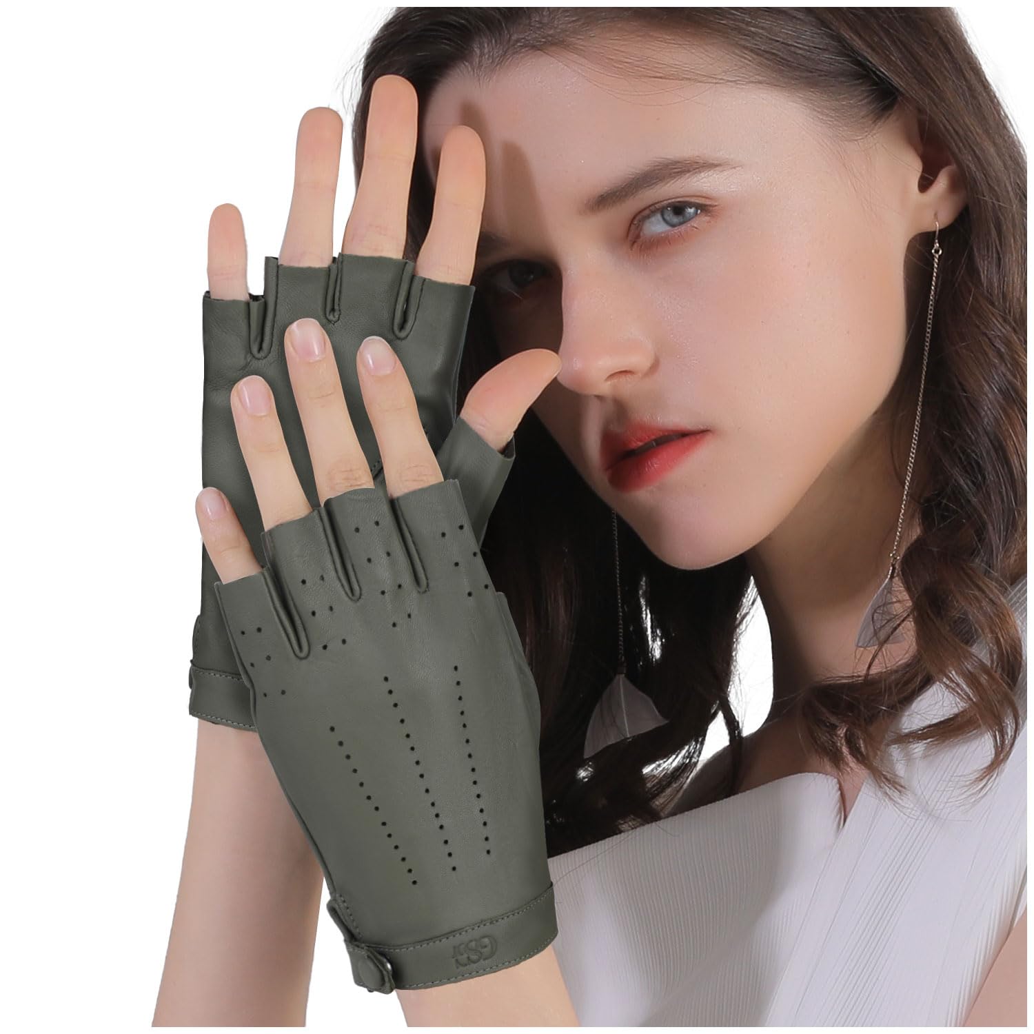 GSG SINCE 1998 Guanti Pelle Donna Senza Dita – Pelle di Pecora, Senza Fodera, Mezza Dita per Guida, Ciclismo e Attività Outdoor, Verde XL