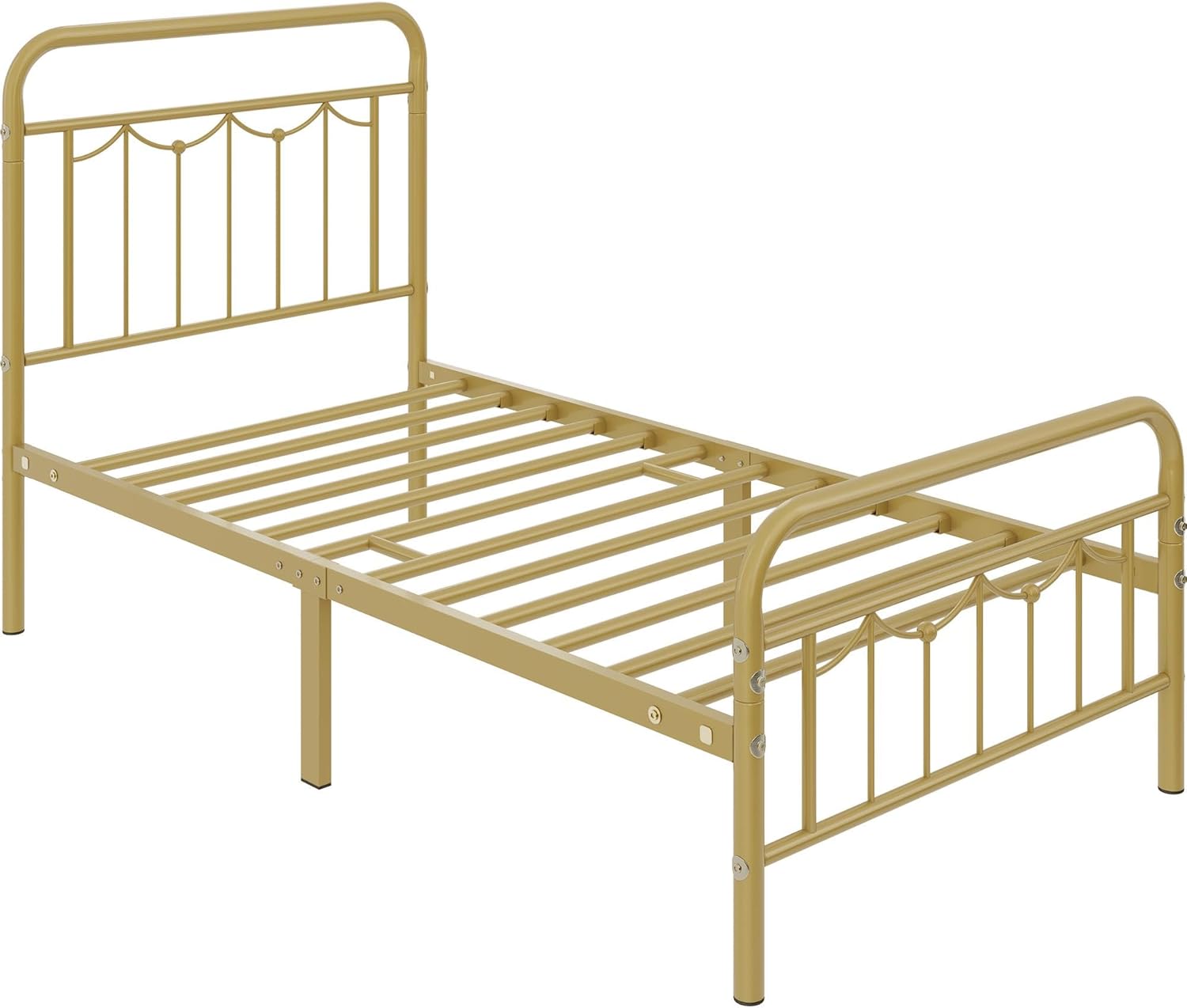 Topeakmart Twin Metal Bed Frame with Vintage Headboard and Footboard, 13 Inch Heavy-Duty Metal Bed Frame with Storage,Sturdy Metal Slats, No Box Spring Needed, Antique Gold