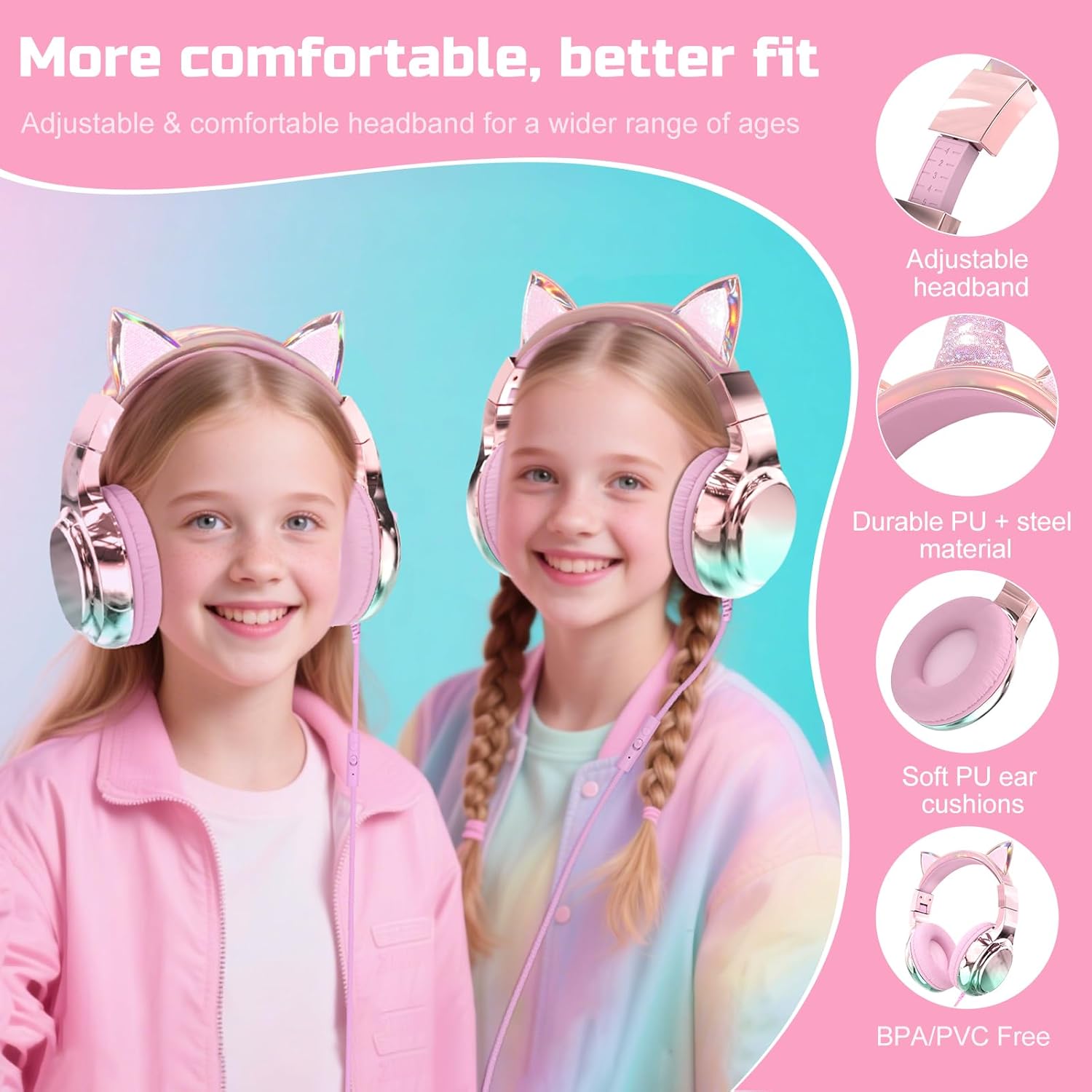 QearFun Kids Cat Ear Headphones Wired with Mic, 85/94dB Safe Volume Limit, Sparkly Wired Headset, Foldable, Sharing Port & Tangle-Free Cord for School, Chromebook, Tablet, Travel, Boys & Girls