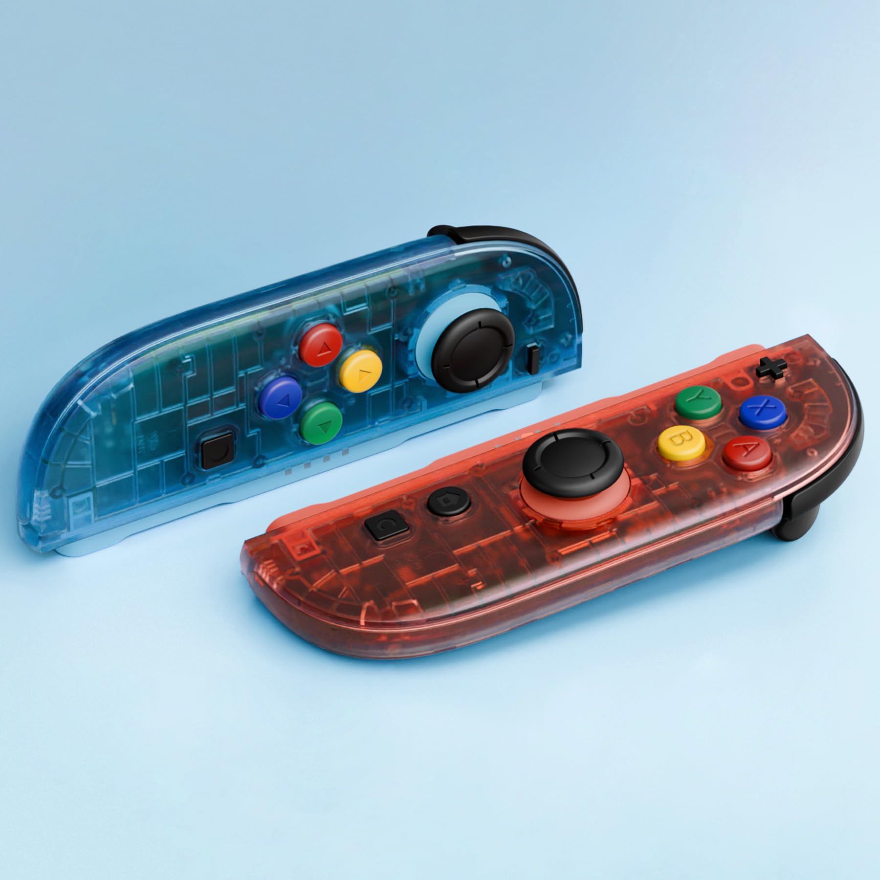 eXtremeRate Ersatz Shell & Buttons Set für Switch 2 Joycons, Essence Version Faceplate/Back Cover/Griff Deko Streifen/ABXY D-Pad-Knöpfe Zubehör für Switch 2 Joy Con-Clear Blau&Clear Orange